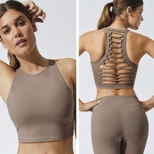 ALO Yoga Movement Bra Size XS Gravel Nude Crop Top Lace Up Back